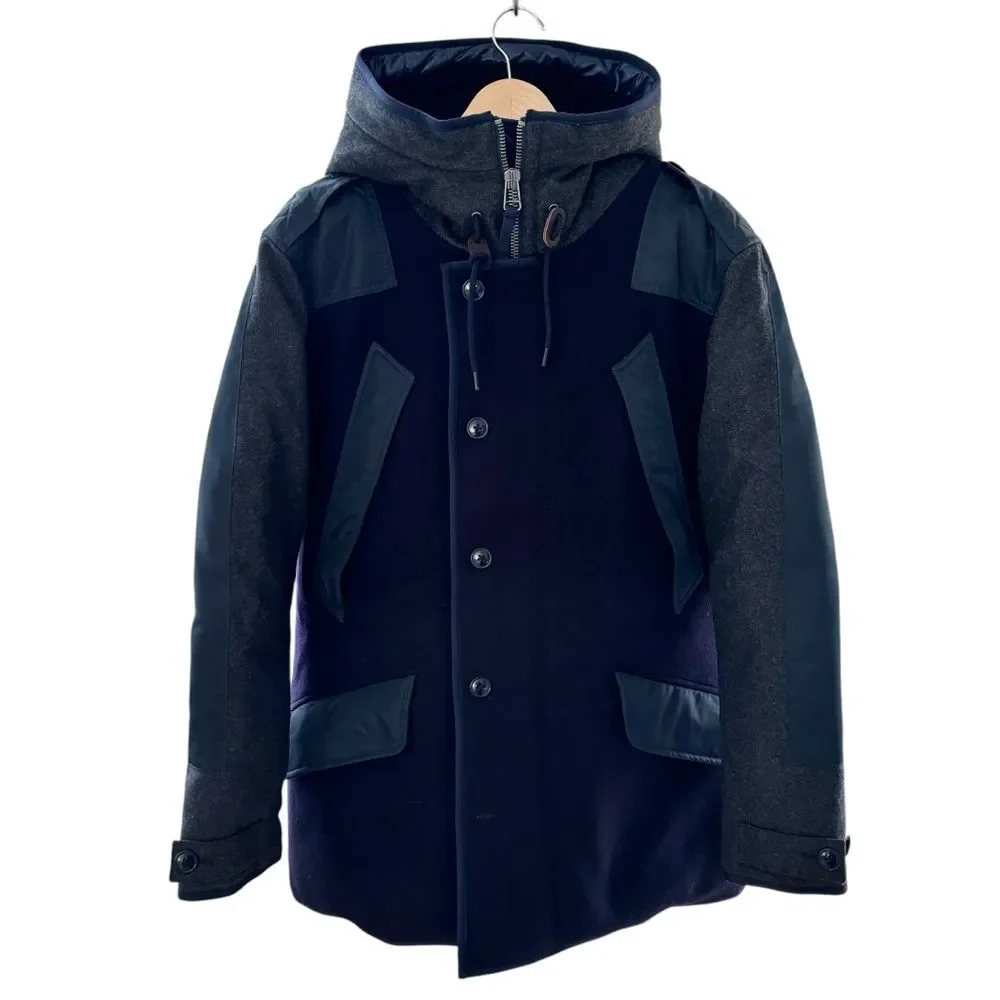 J CREW Burbridge Mixed Media Parka Coat Heavy Quilted Winter Navy Gray Sz S